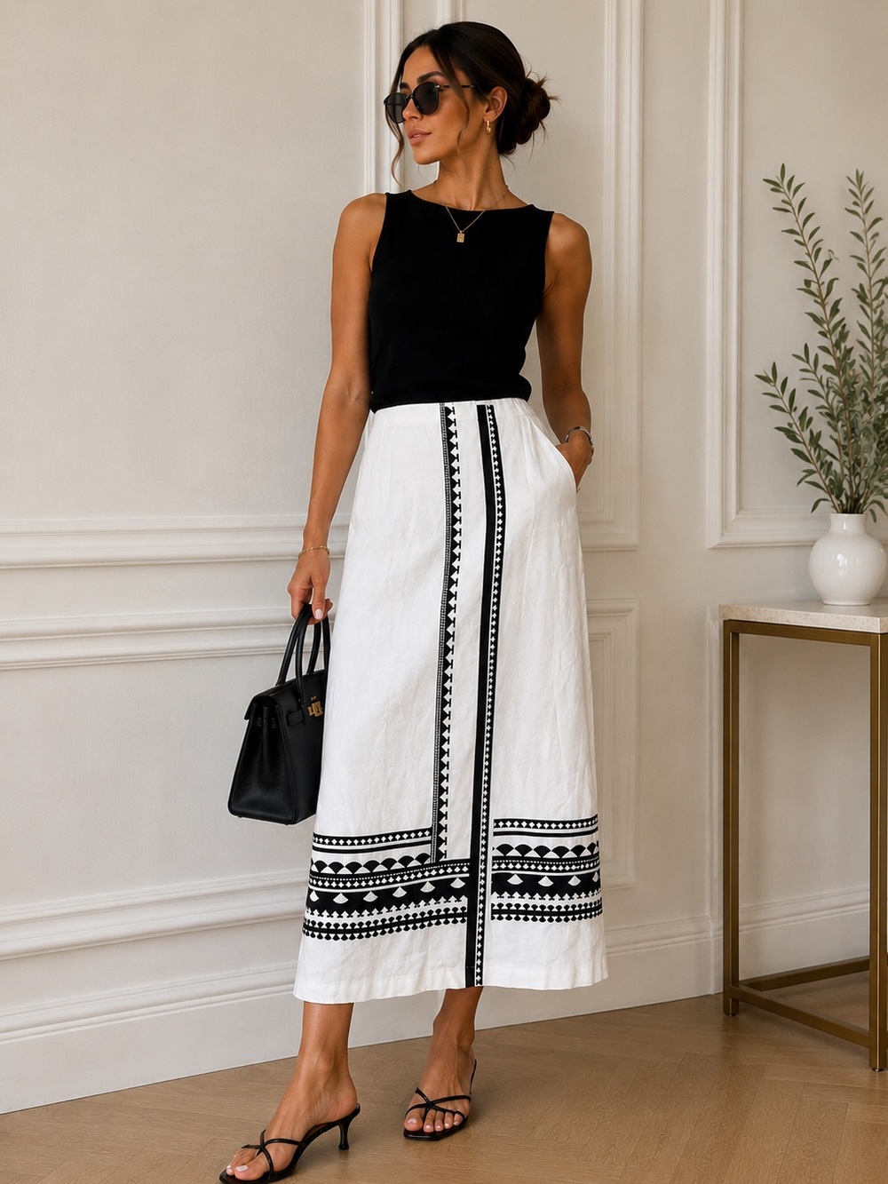 Tahari Black and White Embroidered Midi Skirt